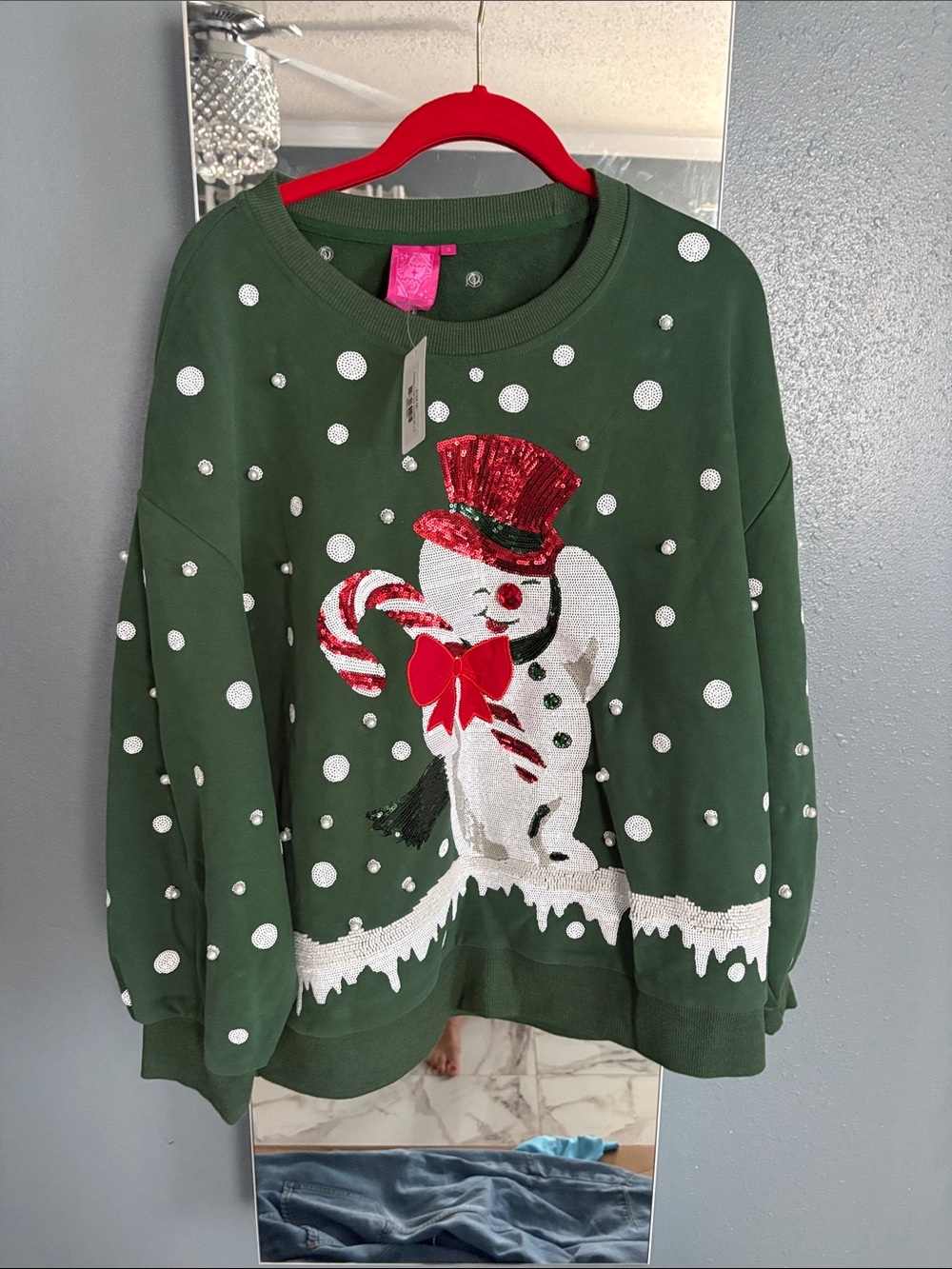 QUEEN OF SPARKLES Green Sequin Snowman Sweater with Red Accents